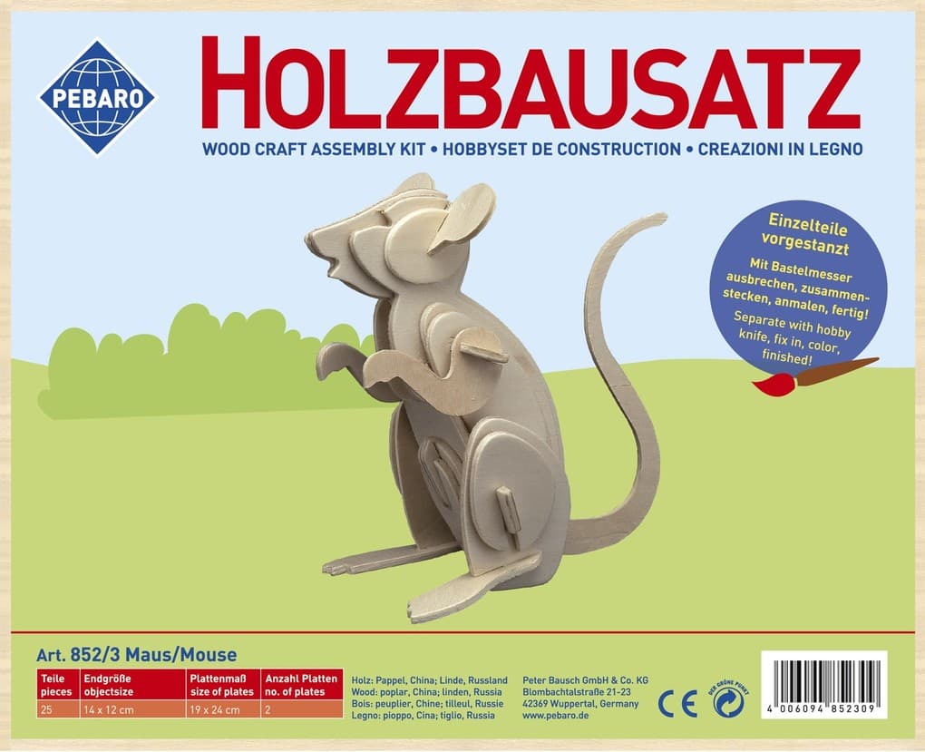 PEBARO 852/3 - Holzbausatz Maus, 25 Teile, Holzkonstruktion zum Zusammenstecken