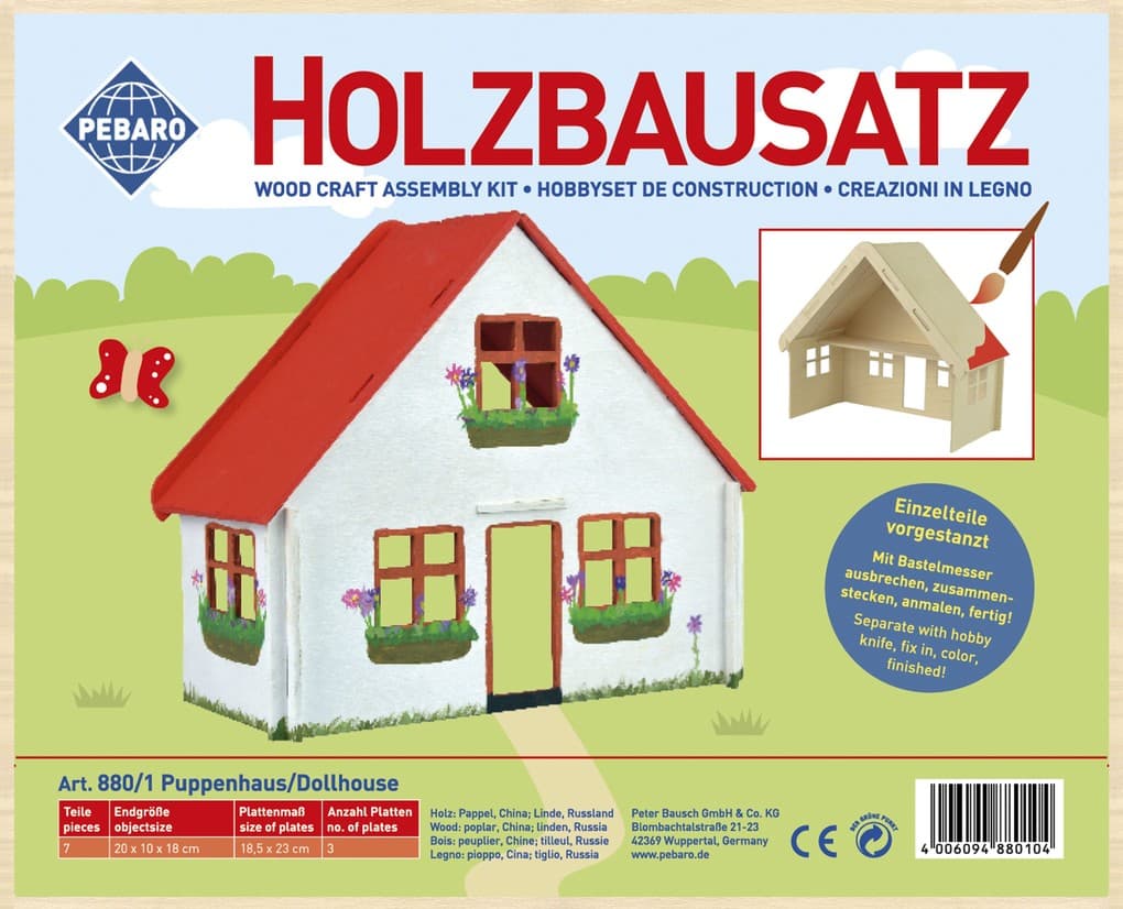 PEBARO 880/1 - Holzbausatz Puppenhaus klein ohne Möbel, 7 Teile, Holzkonstruktion zum Zusammenstecken