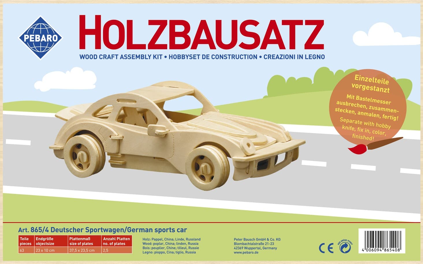 PEBARO 865/4 - Holzbausatz Deutscher Sportwagen, 61 Teile, Holzkonstruktion zum Zusammenstecken