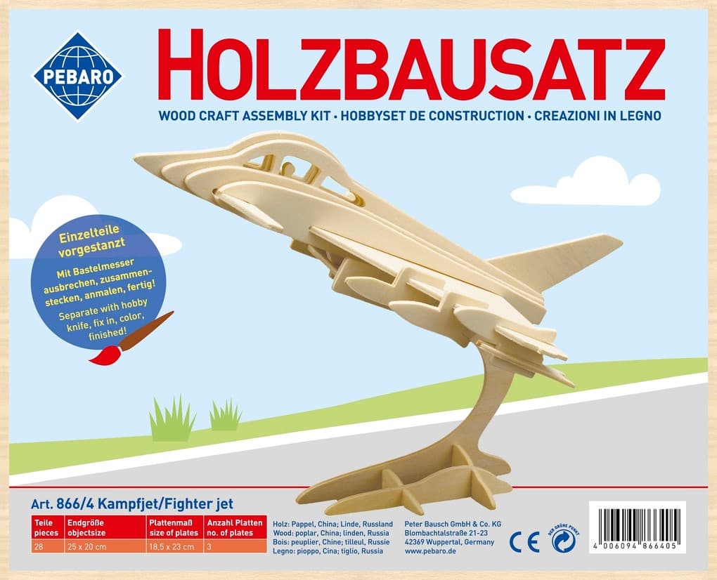 PEBARO 866/4 - Holzbausatz Kampfjet, 28 Teile, Holzkonstruktion zum Zusammenstecken
