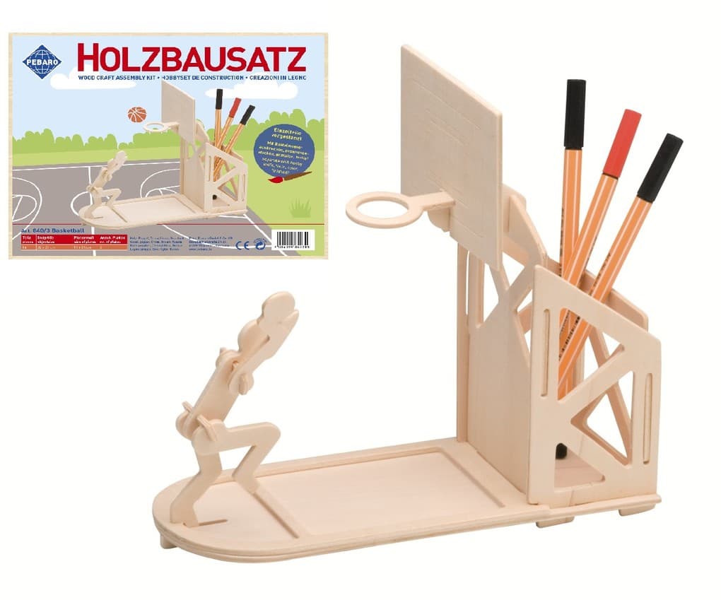 PEBARO 840/3 - Holzbausatz Stiftehalter Basketball, 16-teilig, Holzkonstruktion zum Zusammenstecken