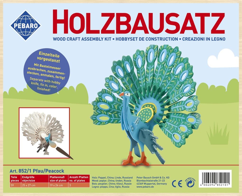 PEBARO 852/1 - Holzbausatz Pfau, 59 Teile, Holzkonstruktion zum Zusammenstecken