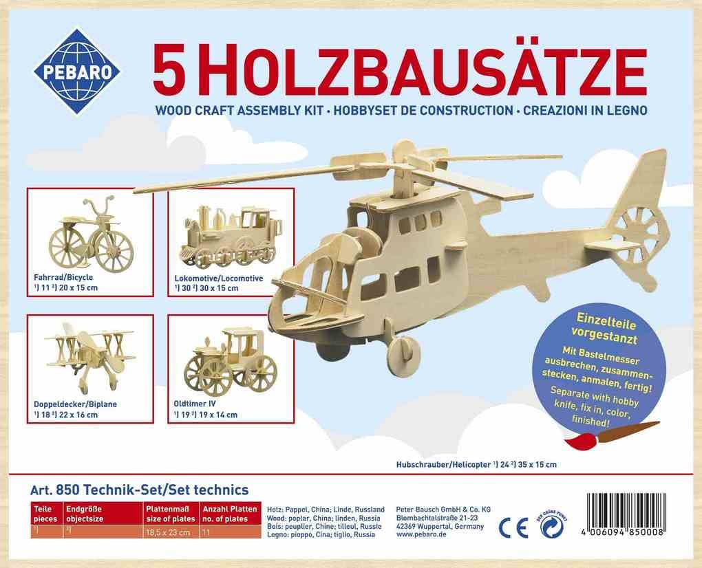 PEBARO 850 - Holzbausätze, 5x Technik-Set (Lokomotive, Fahrrad, Hubschrauber, Oldtimer, Doppeldecker), 5 Holzkonstruktionen zum Zusammenstecken