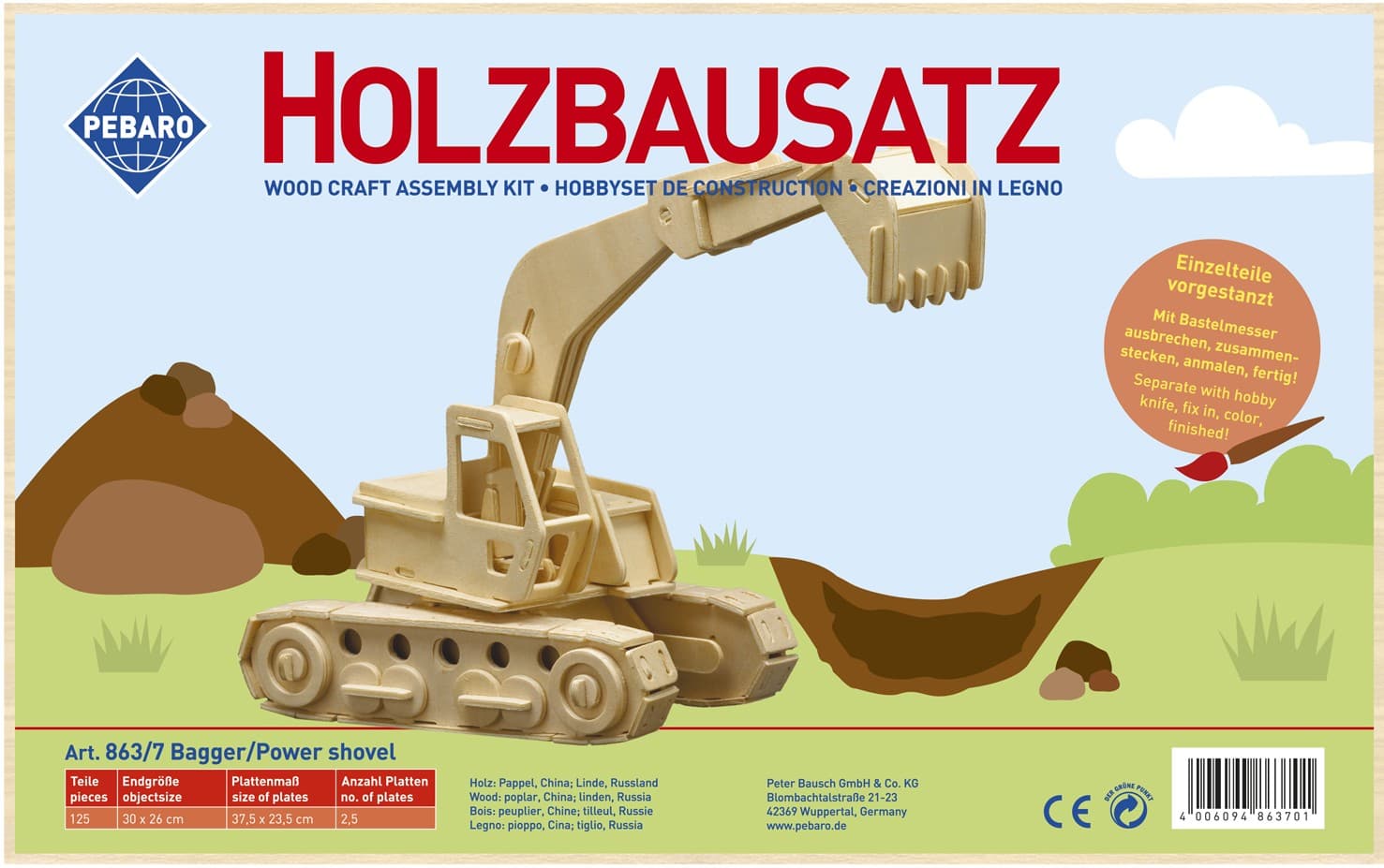 PEBARO 863/7 - Holzbausatz Bagger, 125 Teile, Holzkonstruktion zum Zusammenstecken