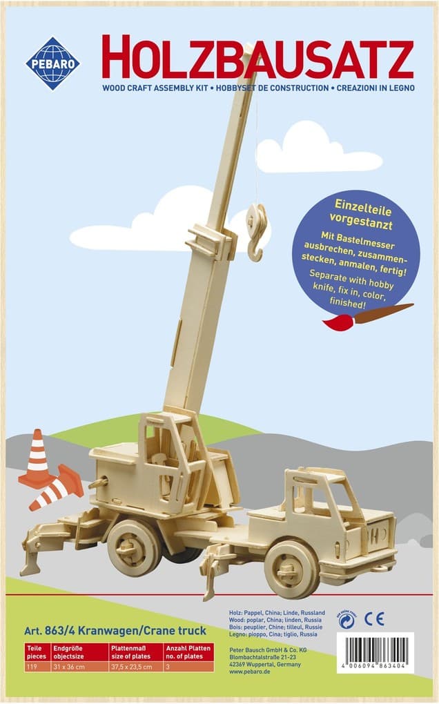 PEBARO 863/4 - Holzbausatz Kranwagen, 119 Teile, Holzkonstruktion zum Zusammenstecken