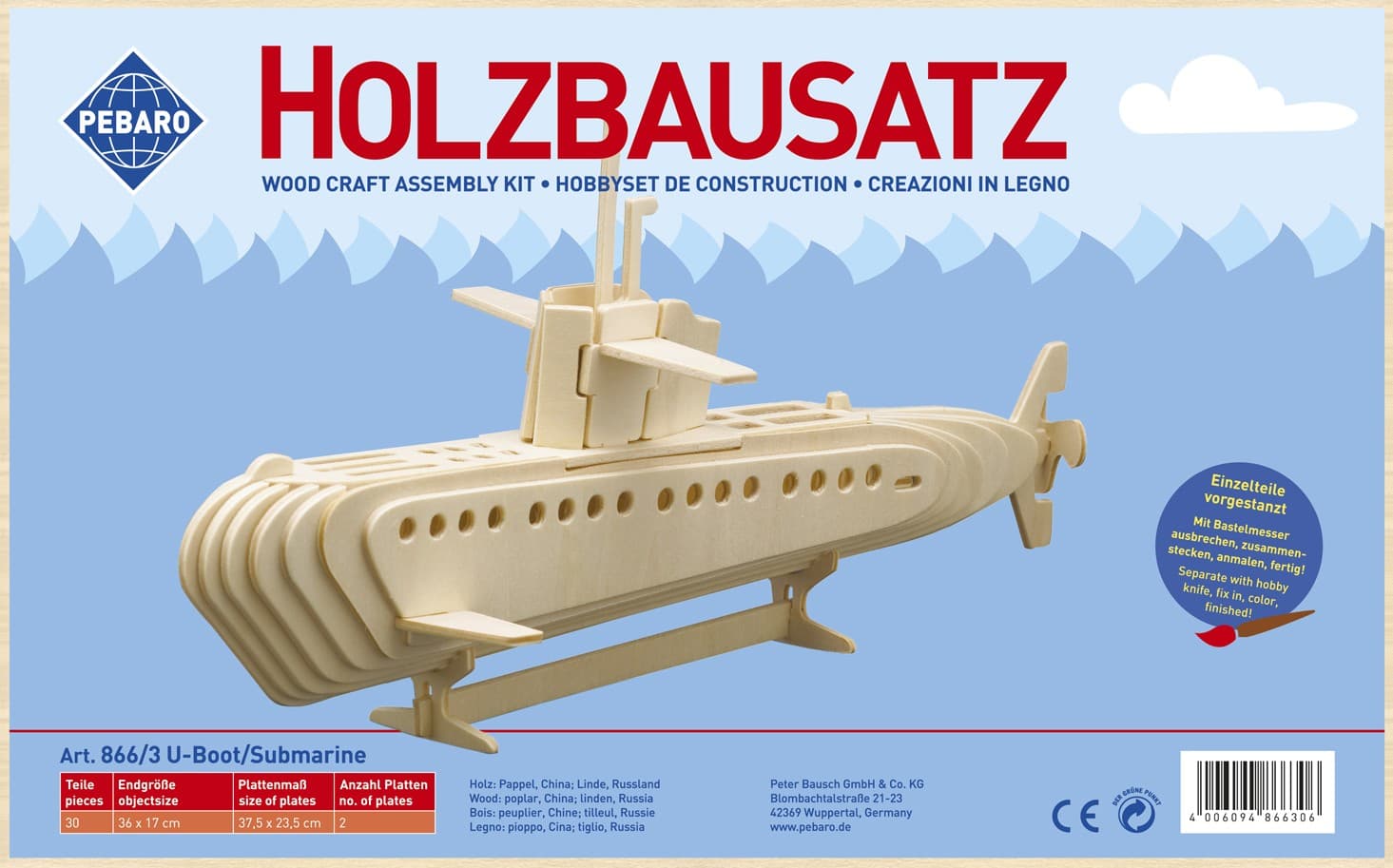 PEBARO 866/3 - Holzbausatz U-Boot, 30 Teile, Holzkonstruktion zum Zusammenstecken