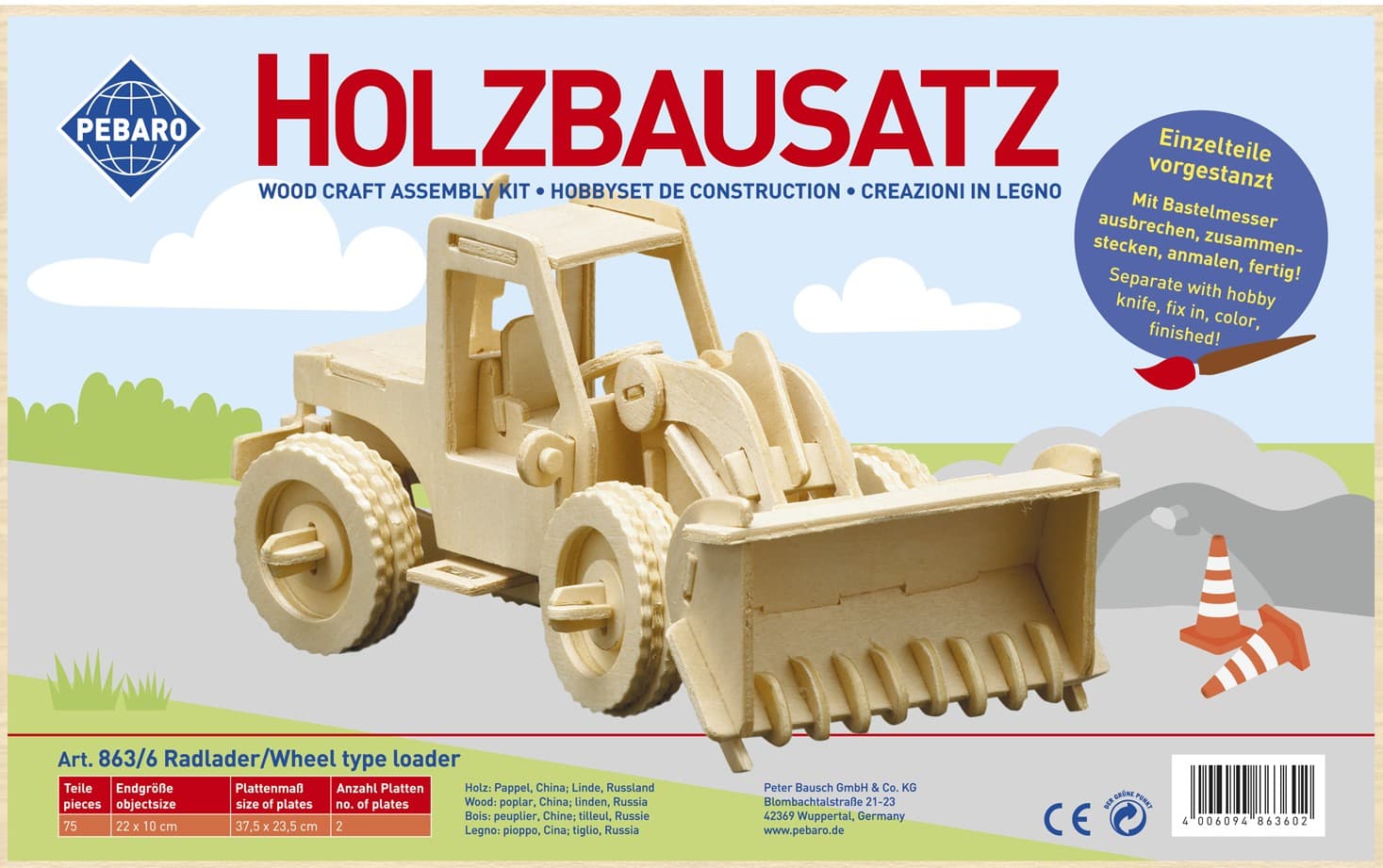 PEBARO 863/6 - Holzbausatz Radlader, 75 Teile, Holzkonstruktion zum Zusammenstecken
