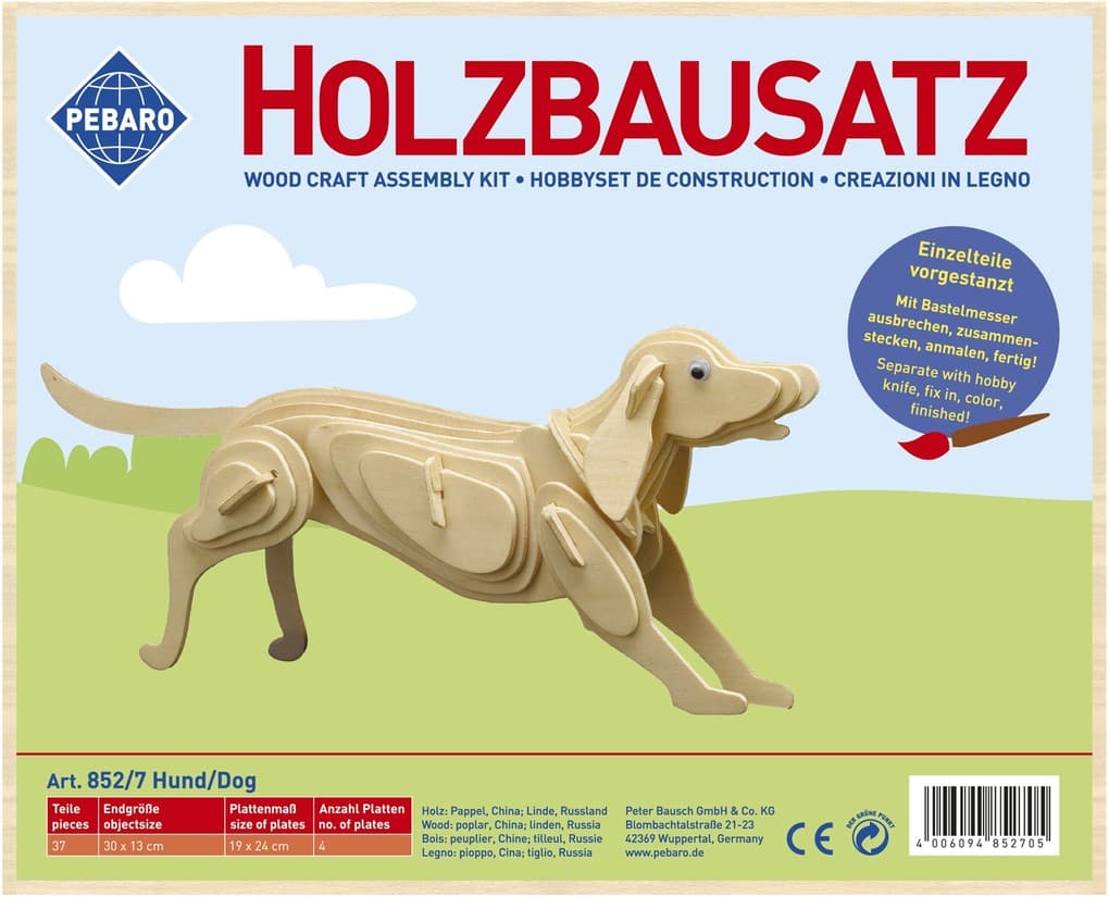 PEBARO 852/7 - Holzbausatz Hund, 37 Teile, Holzkonstruktion zum Zusammenstecken