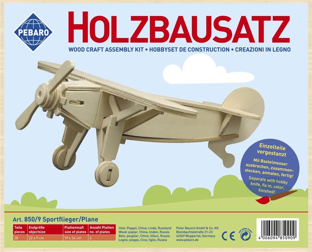 PEBARO 850/9 - Holzbausatz Sportflieger, Flugzeug, 28 Teile, Holzkonstruktion zum Zusammenstecken