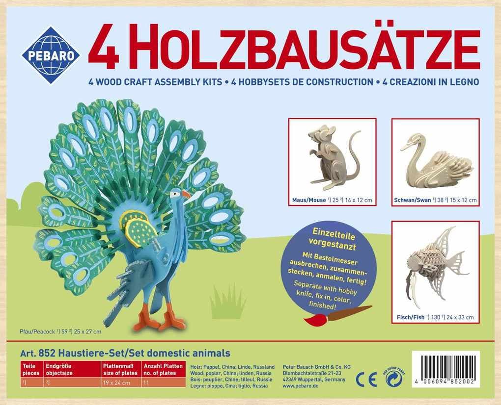 PEBARO 852 - Holzbausatz Haustier-Set, Pfau, Fisch, Maus, Schwan, 4 Holzkonstruktionen zum Zusammenstecken
