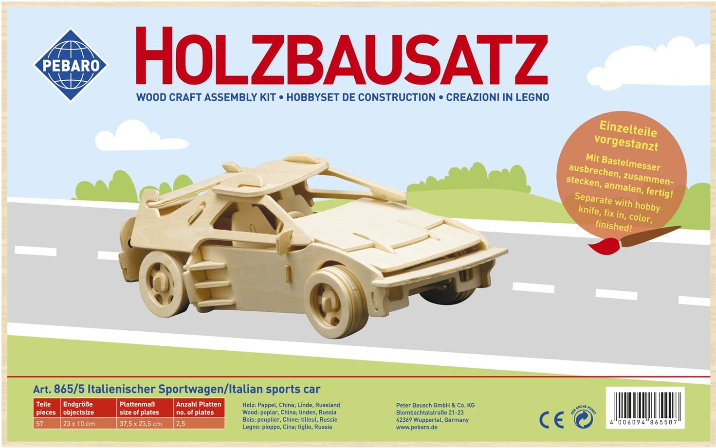 PEBARO 865/5 - Holzbausatz Italienischer Sportwagen, 67 Teile, Holzkonstruktion zum Zusammenstecken