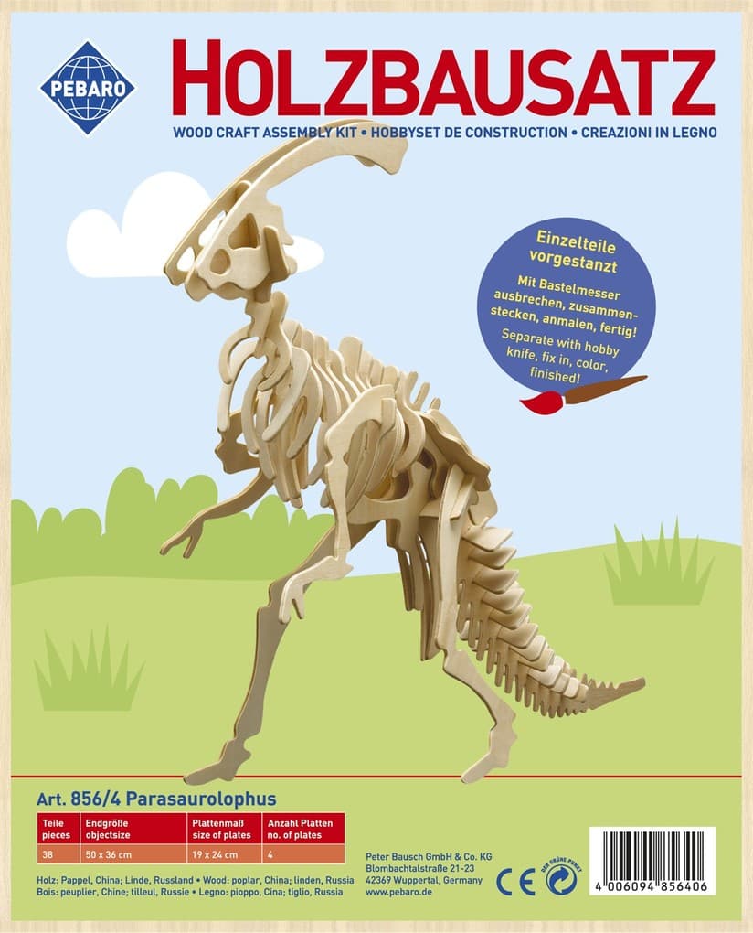PEBARO 856/4 - Holzbausatz Dinosaurier Parasaurolophus, 38 Teile, Holzkonstruktion zum Zusammenstecken