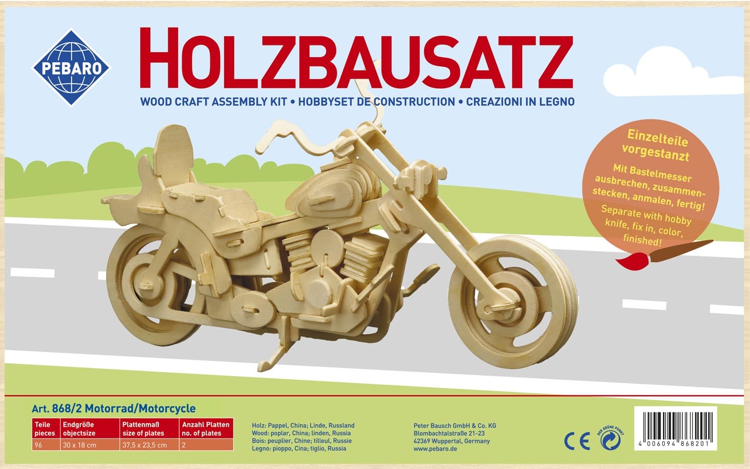 PEBARO 868/2 - Holzbausatz Motorrad, 96 Teile, Holzkonstruktion zum Zusammenstecken