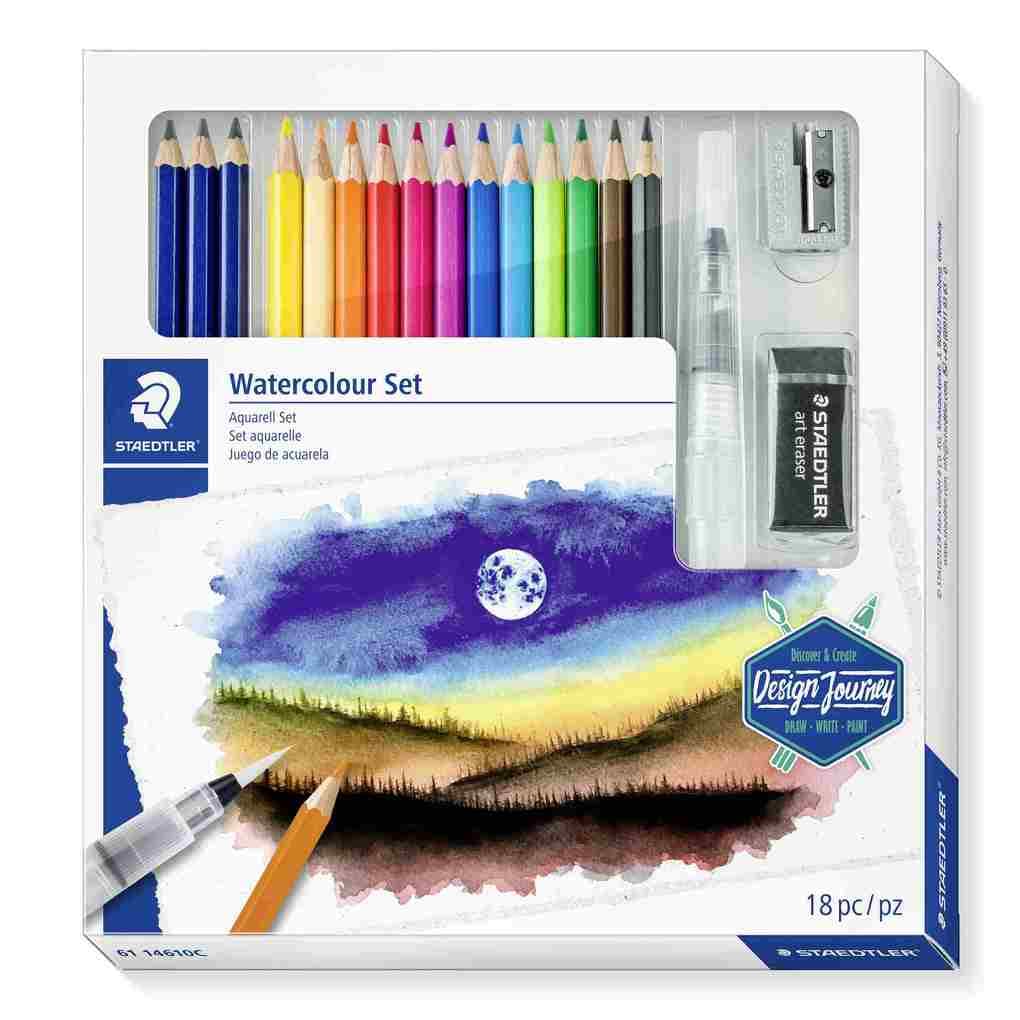 STAEDTLER Mixed Set Aquarell 3 Bleistifte, 12 Farbstifte, 1 Wasserpinsel, 1 Radierer und 1 Metallspitzer