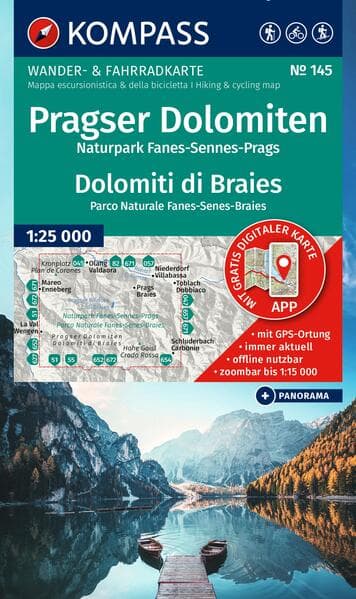 KOMPASS Wanderkarte 145 Pragser Dolomiten, Naturpark Fanes-Sennes-Prags / Dolomiti di Braies, Parco Naturale Fanes-Senes-Braies 1:25.000