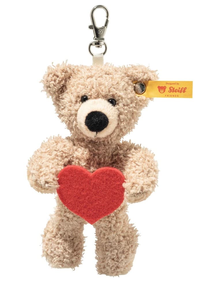 Steiff 112669 - Anhänger Fynn Teddybär Love, Teddy mit Herz, beige/rot, Plüsch-Schlüsselanhänger, 12 cm