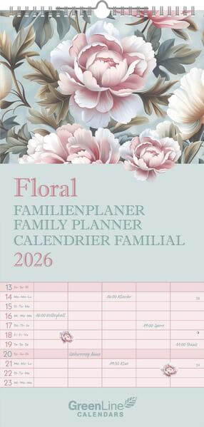 GreenLine - Floral Familienplaner 2026 - Wandkalender 22x45 cm, Familien-Kalender mit 5 Spalten, 12 floralen Monatsblättern, Stundenplänen & nachhaltiger Produktion für Familien und Naturfreunde
