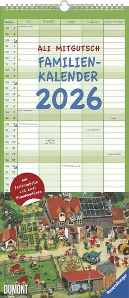 DUMONT - Ali Mitgutsch Familienkalender 2026 - Wandkalender 22x50 cm - Familienplaner mit 5 Spalten & Wimmelbildern des Kinderbuchklassikers