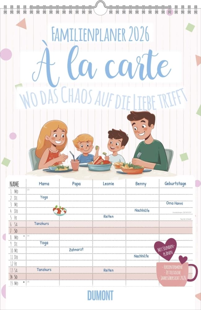 DUMONT - Familienplaner à la Carte - Wo das Chaos auf die Liebe trifft 2026 - Familienkalender 26x49 cm - Wandplaner mit 5 Spalten, Ferienterminen, Stundenplänen & Einstecktasche