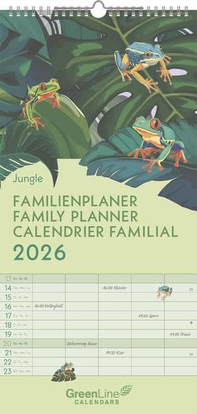 GreenLine - Jungle 2026 - Familienplaner 22x45 cm, nachhaltiger Wandkalender mit 5 Spalten, exotischen Illustrationen & 3-sprachigem Kalendarium für Familien