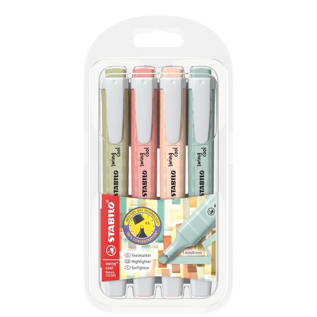STABILO Textmarker swing cool NatureCOLORS, 4er Set, schlammgrün, siena, beige, grünerde