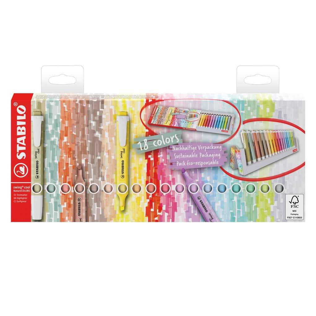 STABILO Textmarker swing cool, 18er Tischset, 8 Naturfarben & 10 Pastellfarben
