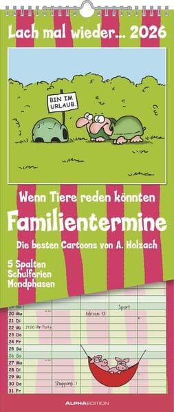 Alpha Edition - Lach mal wieder... Familienplaner 2026 - 19,5×45 cm mit 5 Spalten & lustigen Cartoons, mehrsprachiger Familienkalender/Wandkalender für Termine in Haushalt, Schule & Freizeit