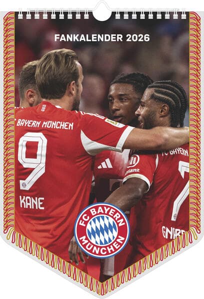 N Neumann - FC Bayern München 2026 - Mini-Bannerkalender 21x30 cm mit 12 Monatsblättern, deutschem Kalendarium & Spiralbindung, Fußball-Fankalender mit Spieler- & Stadionfotografien