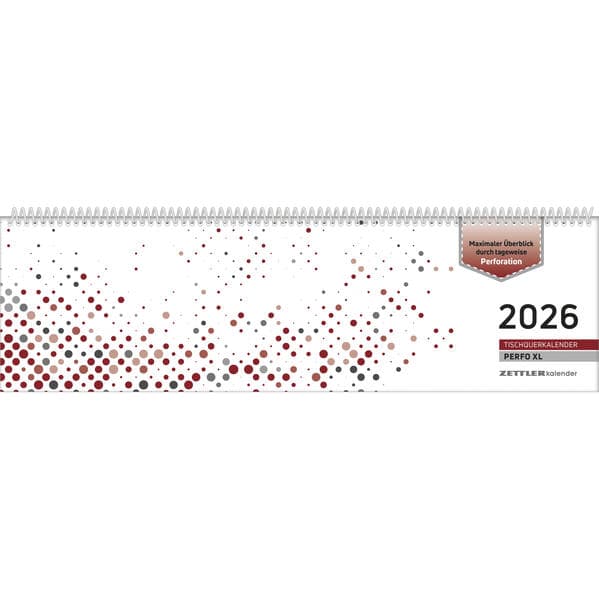 Zettler Tischquerkalender 1W/2S Perfo XL Rot 2026 - Bürokalender 36x11 cm, Wochenkalender mit 1 Woche auf 2 Seiten, deutschem Kalendarium, Stundeneinteilung 7-20 Uhr, perforierte Tagesblätter