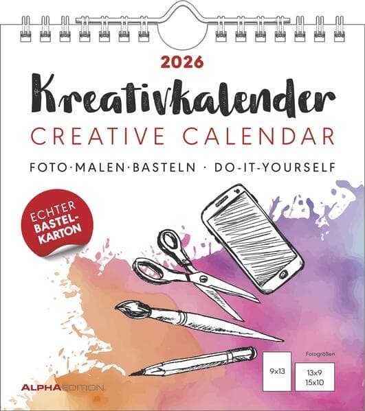 Alpha Edition - Kreativ-Kalender S Weiß 2026 - Bastelkalender 16×17 cm mit Platz für Fotos & eigene Gestaltung, weißer Hintergrund, auch als Tischkalender nutzbar, ideal für kreative DIY-Geschenke