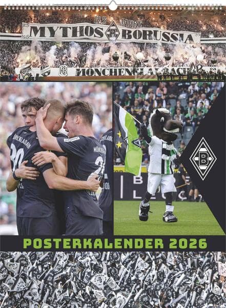 N Neumann - Borussia Mönchengladbach 2026 - Wandkalender XL 48x64 cm mit 12 Monatsblättern, internationalem Kalendarium & Spiralbindung, Fußball-Posterkalender mit Spielerfotografien