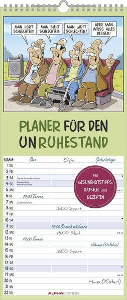 Alpha Edition - Planer für den Unruhestand 2026 - Familienplaner 19,5×45 cm mit lustigen Rentner-Cartoons, Humor-Wandkalender & Platz für Notizen, praktischer Terminplaner für Senioren & Familien