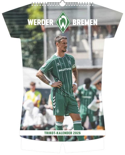 N Neumann - Werder Bremen 2026 - Trikotkalender 34x42 cm mit 12 Monatsblättern, 2-sprachigem Kalendarium & Spiralbindung, origineller Fußball-Wandkalender in Trikotform für Fans