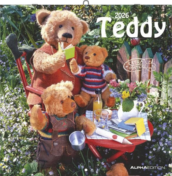 Alpha Edition - Teddy Kalender 2026 - Bildkalender & Wandkalender im Broschürenformat 30×30 cm, aufgeklappt 30×60 cm mit 12 liebevollen Teddy-Motiven & Poster, FSC-zertifiziert