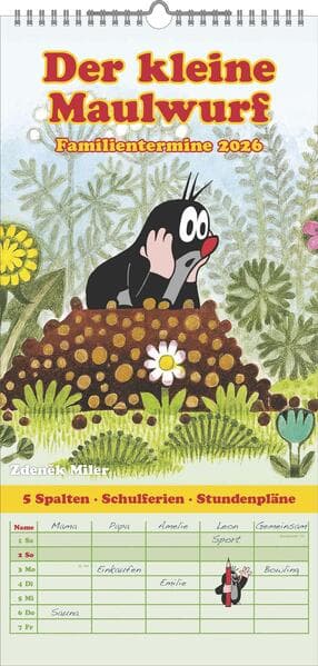 N NEUMANNVERLAGE - Der kleine Maulwurf 2026 Familienplaner, 22x45cm, Familienkalender mit 5 Spalten für Termine und Notizen, schöne Abbildungen, Stundenpläne, Schulferien und deutsches Kalendarium