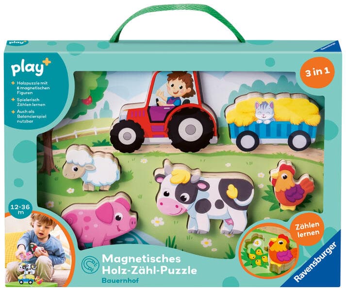 Play+ Magnetisches Holz-Zähl-Puzzle: Bauernhof - ab 12 Monate