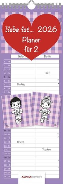Alpha Edition - Liebe ist... Planer für Zwei 2026 - Partnerkalender 15×42 cm mit 2 Spalten, süßen Illustrationen & großen Schreibfeldern, perfektes Geschenk für Paare, gemeinsame Alltagsplanung