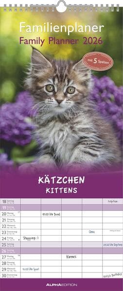 Alpha Edition - Kätzchen Familienkalender 2026 - Wandkalender 19,5×45 cm mit 5 Spalten & Feiertagen, süße Katzenmotive, praktischer Terminplaner für Familien, Paare & Katzenliebhaber