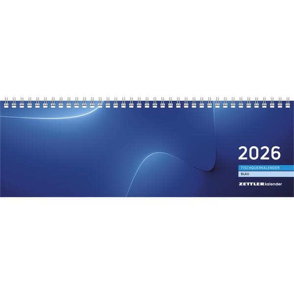 Zettler Tischquerkalender 1W/2S blau 2026 - Wochenkalender 32 × 11 cm, 1 Woche auf 2 Seiten mit Monatsübersichten & Stundeneinteilung 7-20 Uhr, FSC-zertifiziert, blauer Einband