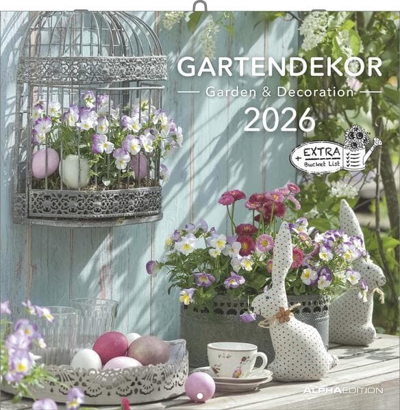Alpha Edition - Gartendekor Kalender 2026 - Broschürenkalender 30×30 cm, aufgeklappt 30×60 cm mit 12 kunstvollen Gartendekorationen, FSC-zertifizierter Gartenkalender für Deko- & Pflanzenliebhaber