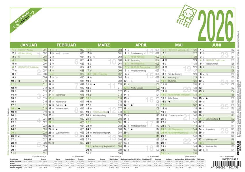 Zettler Arbeitstagekalender A5 Blauer Engel 2026 - Bürokalender 21 × 15 cm, 6 Monate pro Seite, Arbeitstage-, Tages- & Wochenzähler, Ferienübersicht, Feiertage, Mondphasen, Recyclingkarton, nachhaltig