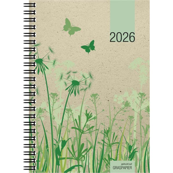 Zettler Wochenbuch 1W/2S Graspapier 2026 - Wochenkalender 14 × 20 cm, 1 Woche auf 2 Seiten, robuster Kartoneinband, nachhaltig produziert