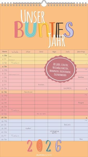 Alpha Edition - Unser buntes Jahr - 6 Spalten 2026 - Familienkalender 26×45 cm mit 6 Spalten & Feiertagen, praktischer Wandplaner für Familie, Schule & Alltag