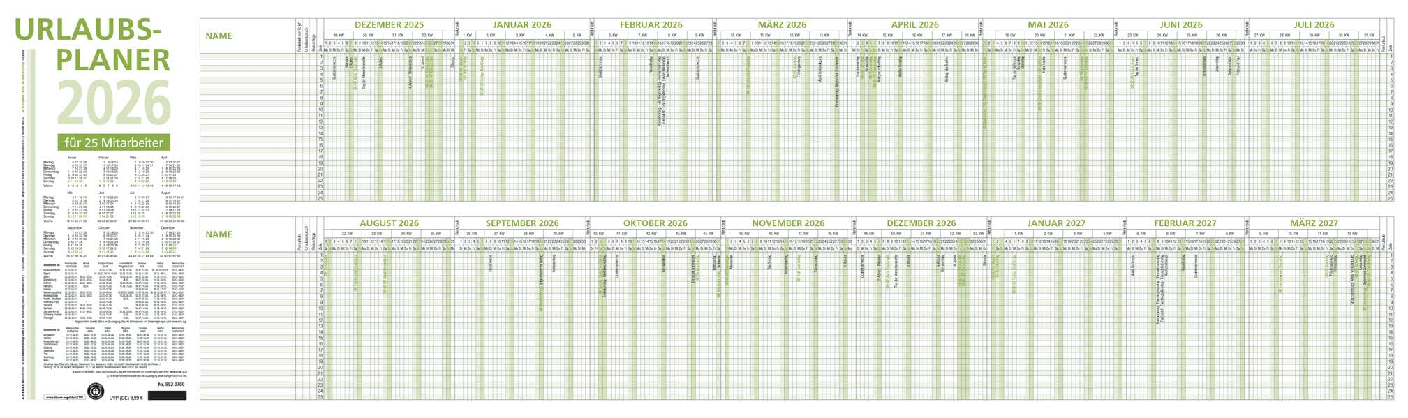 Zettler Urlaubsplaner 16 Mon Blauer Engel 2026 - Wandkalender 100 × 30 cm, 16 Monate auf 1 Seite (Dez. Vorjahr - März Folgejahr), für 25 Mitarbeiter, Recyclingpapier, Wochenzählung, Ferientermine, FSC