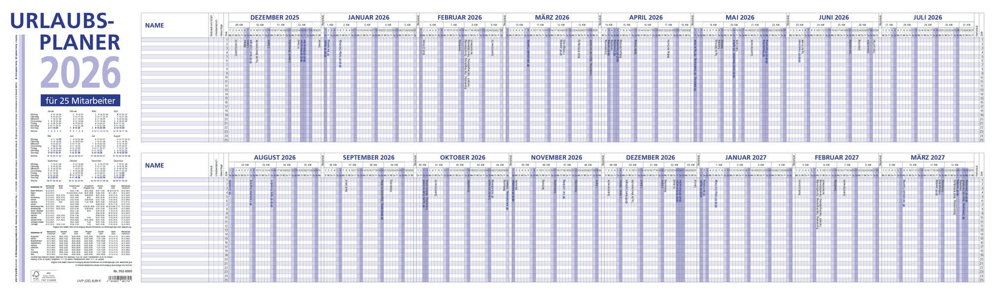 Zettler Urlaubsplaner 16 Mon 2026 - Wandkalender 100 × 30 cm, 16 Monate auf 1 Seite (Dez. Vorjahr - März Folgejahr), für 25 Mitarbeiter, Wochenzählung, Ferientermine, Sonn- & Feiertage, gefalzt, FSC