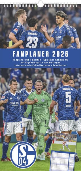 N Neumann - FC Schalke 04 2026 - Fanplaner 22x45 cm mit 4 Spalten, deutschem Kalendarium & Spiralbindung, Fußball-Familienkalender mit 12 Monatsblättern & Spielerfotografien