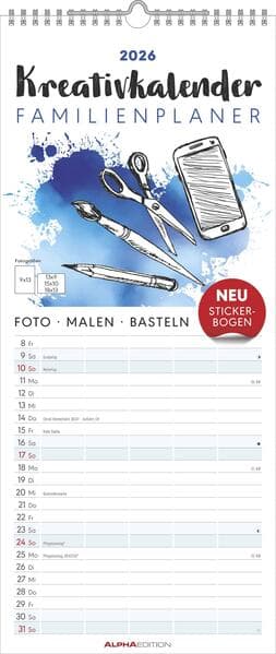Alpha Edition - Kreativ-Kalender Familienplaner 2026 - Bastelkalender 19,5×45 cm mit 5 Spalten - individuell gestaltbar mit Foto, Zeichnung & Bastelideen - mit Notizplatz, inkl. Stickerbogen