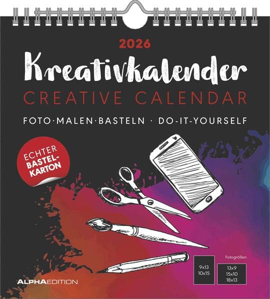 Alpha Edition - Kreativ-Kalender M Schwarz 2026 - Bastelkalender (21×22 cm) mit Platz für Fotos & individuelle Gestaltung, schwarzer Hintergrund, ideal zum Malen & Basteln