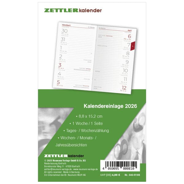 Zettler Kalenderersatzeinlage TP 1W/1S 2026 - Ersatzkalendarium 9 × 15 cm für Taschenplaner Typ 540, 64 Blatt, 1 Woche auf 1 Seite, Sonn- & Feiertage, Wochenzählung, Sonnenzeiten, geheftet, FSC