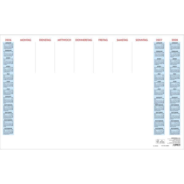Zettler Schreibunterlage ohne Schutzleiste 2026 - Schreibtischunterlage 60 × 37 cm, Wochenplaner undatiert, mit Dreijahresübersicht 2026-2028, Kartonunterlage, Druck rot/blau/schwarz, FSC